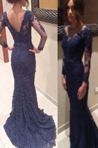 Long Sleeves V-neck Navy Blue Lace Open Back Mermaid Prom Dress K71