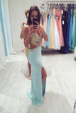 Real Sexy Long Front Split Light Sky Blue Open Back Prom Dress K74