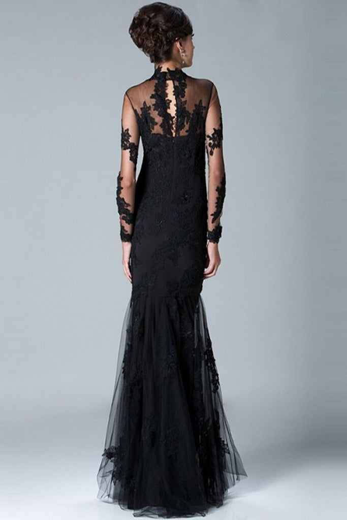 Charming Long Sleeves High Neck Black Lace Mermaid Prom Dress K78