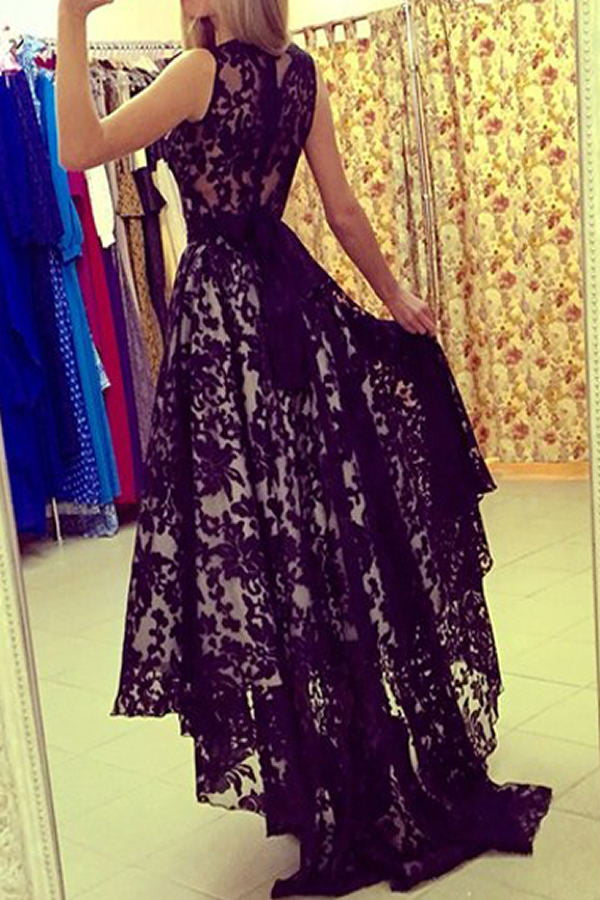 Modest Black Lace Long High Low Charming Prom Dress K80
