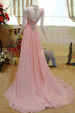 Pink High Low Backless Beading Long Chiffon Prom Dresses K89