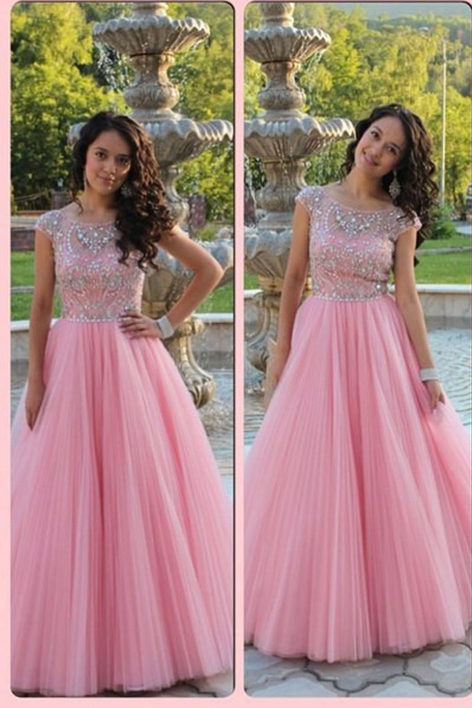Cute Pink Ball Gown Long Cap Sleeves Beading Tulle Prom Dress K95