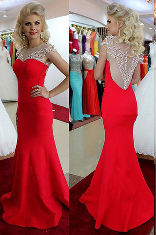 Light Red Long Mermaid Beading Modest Party Prom Dress K96