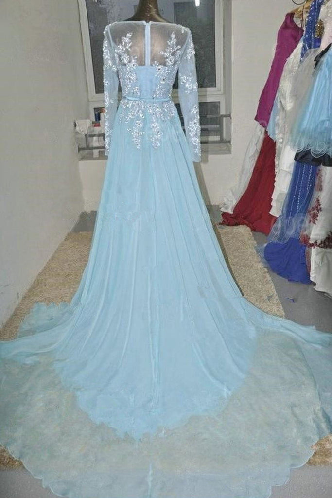 Baby Blue Long Sleeves Lace Beading Chiffon Prom Dress K97