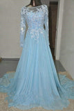 Baby Blue Long Sleeves Lace Beading Chiffon Prom Dress K97