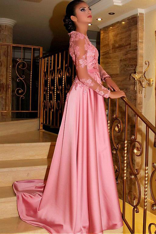 Gorgeous Prom Dresses,Satin Prom Gown,Long Sleeves Prom Dress,Pink Prom Dress,Appliques Prom Dress