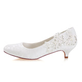 Chic Ivory Low Heels Rhinestones Wedding Shoes with Lace Appliques L-923