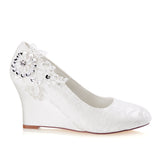 Ivory Wedge Lace Wedding Shoes with Beading, Charming Woman Shoes L-932