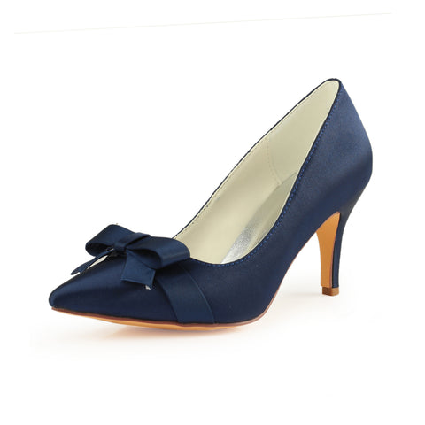 Dark Blue High Heels Wedding Shoes with Bowknot, Fashion Satin Formal Party Shoe L-942