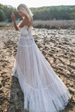 Off Shoulder A-line Lace Appliqued Boho Wedding Gown Beach Bridal Gowns OKV66