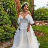 Off Shoulder A-line Lace Appliqued Boho Wedding Gown Beach Bridal Gowns OKV66