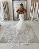 Sexy Mermaid Wedding Dress Scoop Neck Lace Appliques Bride Dress OKW96