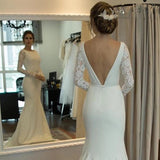 Simple Mermaid Bridal Dresses V Back Long Sleeve Beach Wedding Gowns OKV11