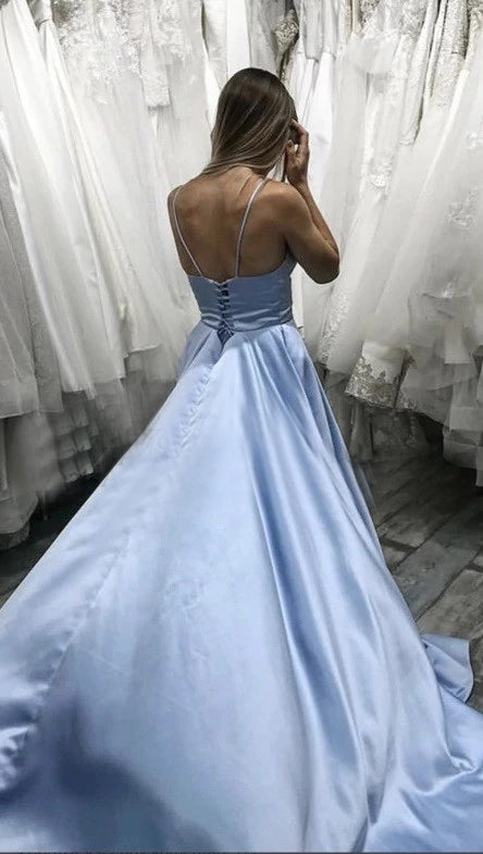 Light Blue Long Spaghetti Straps Prom Dress Sexy Split A-line Evening Dress Party For Womens OKV95