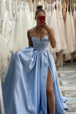 Light Blue Long Spaghetti Straps Prom Dress Sexy Split A-line Evening Dress Party For Womens OKV95