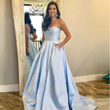 Light Sky BLue Prom Dress With Pocket Strapless A-line Long Formal Party Dress OKV94