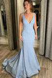 Simple Light Blue Mermaid Long Prom Dress V Neck Mermaid Formal Evening Dress OKZ12