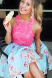 Light Blue Short Homecoming Dresses with Lace Top, Graduation Dresses OKM35