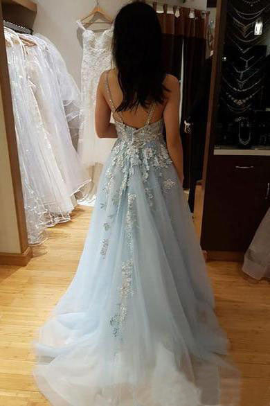 Light Blue Spaghetti Straps V Neck Tule Backless Prom Dress with Beading OKZ58