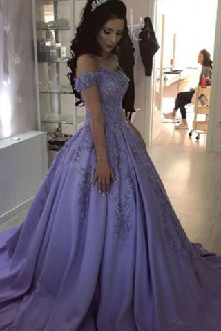 Lavender Ball Gown Off the Shoulder Lace Appliques Prom Dress OKJ66