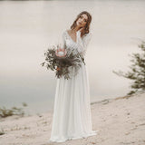 Long Sleeve Beach Wedding Dress Chiffon Lace Wedding Gowns V-Neck Open Back Bridal Dresses OKV23