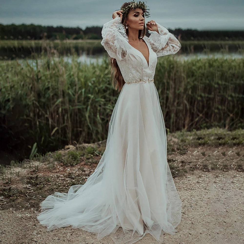 Long Sleeves V Neck Beach Wedding Dress Boho High Slit Backless Bridal ...