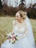 Long Sleeve Lace Sheer Neckline Boho Wedding Dress Appliques Tulle Bridal Gown OKN92