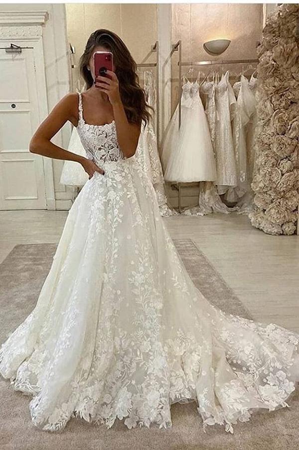 Charming A Line Scoop Neck Lace Appliques Off White Wedding Dress OKX25