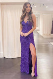 Mermaid Purple Sequins Long Prom Dress With Slit Evening OK1373