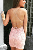 Tight Cris Cross Back Pink Lace Short Prom Dress Homecoming Dress Sheath Formal Graduation OKX44