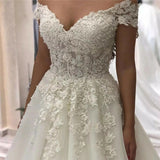 Princess Lace Appliques Ball Gown Wedding Dresses Off the Shoulder Bridal Gowns OKV19