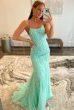 Mint Green Lace Appliques Mermaid Backless Long Prom Dress Evening Dress OK1286