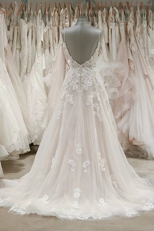 Stunning A-line Spaghetti Straps Lace Appliques Backless Wedding Dress OKU91