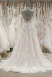 Stunning A-line Spaghetti Straps Lace Appliques Backless Wedding Dress OKU91