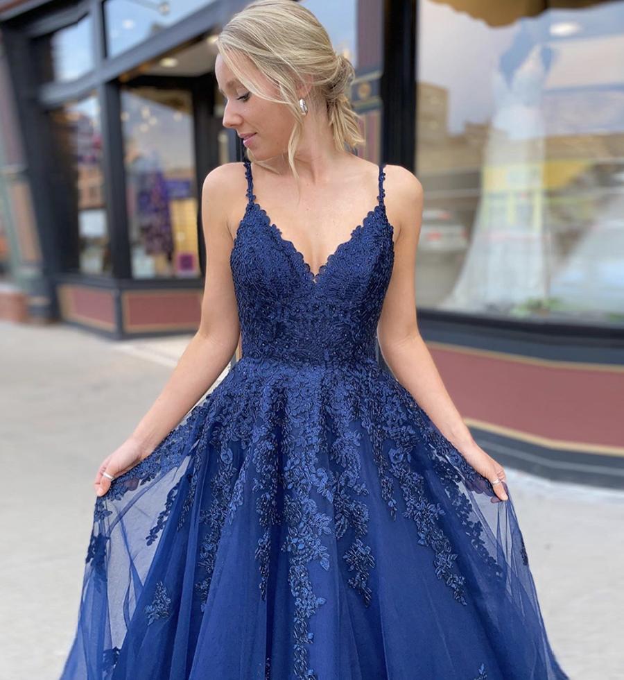 Navy Blue Tulle Lace Appliques Prom Dress A-line Long Formal Evening Dress OKX59