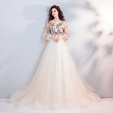 Pretty A Line Long Sleeves Tulle Appliques Prom Dress With Flowers OKG69