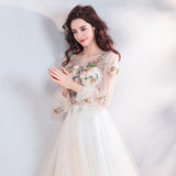 Pretty A Line Long Sleeves Tulle Appliques Prom Dress With Flowers OKG69