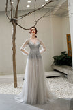 A-line V Neck Long Sleeves Tulle Sequins Grey Prom Dress OKT28