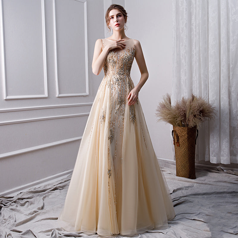 A Line Long Prom Dress With Beading Formal Evening Gown OKL30