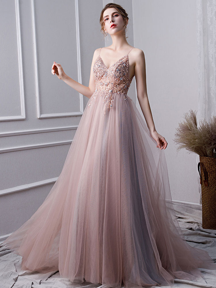 Pink A Line Spaghetti Straps Tulle Beaded Prom Dress With Appliques OKL25