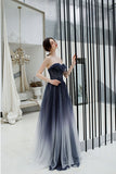 Sweetheart A-line Ombre Color Long Tulle Appliques Prom Dress OKT27