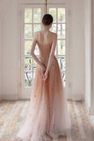 Ombre A Line Long Tulle Spaghetti Straps Prom Dress With Beads OKK60
