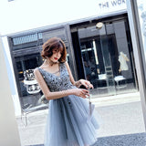 V Neck A Line Beaded Homecoming Dress, Short Tulle Prom Dress OKN59