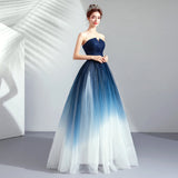 Strapless Ombre A Line Tulle Prom Dress Long Formal Dress OKQ74