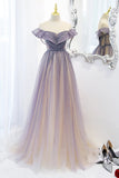 Light Purple A Line Shiny Bling Bling Scoop Short Sleeves Tulle Prom Dress OK1379