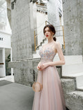 A Line Spaghetti Straps Beaded Long Tulle Prom Dress OKT23