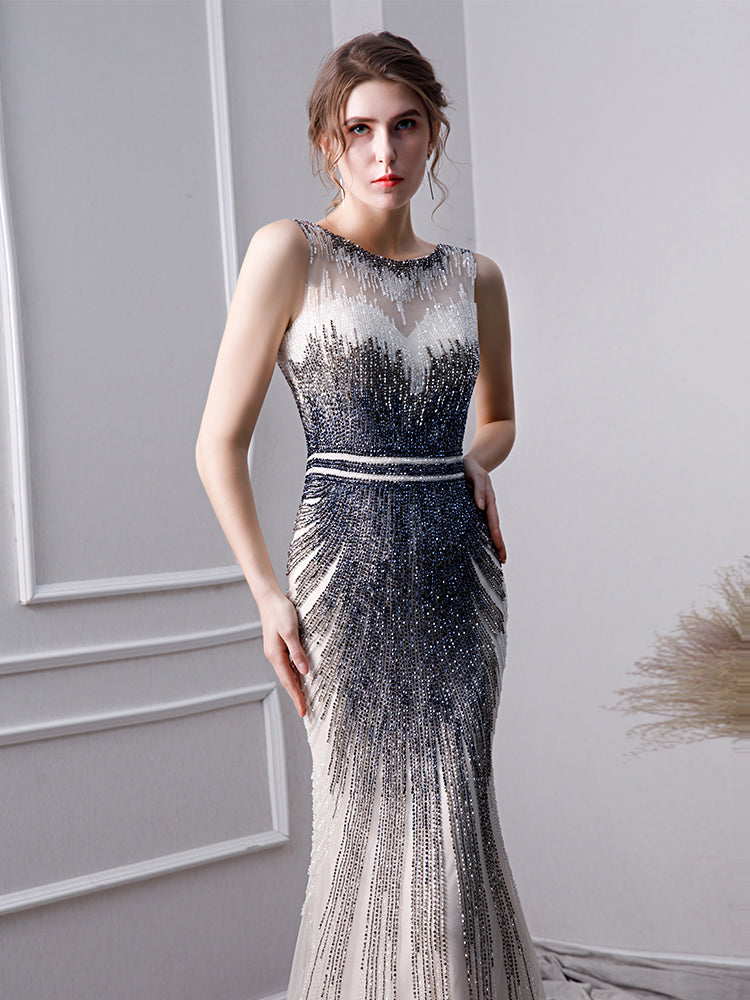 Elegant Mermaid Long Tulle Beading Prom Dress OKL24
