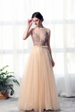 A Line Bateau Tulle Long Prom Dress With Beads OKL27