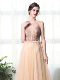 A Line Bateau Tulle Long Prom Dress With Beads OKL27