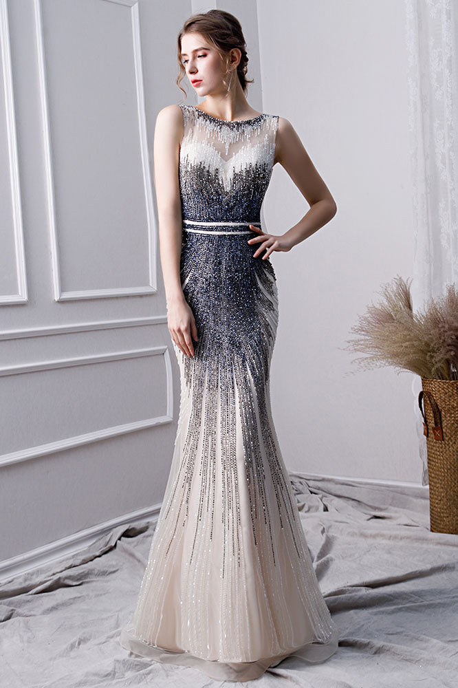 Elegant Mermaid Long Tulle Beading Prom Dress OKL24